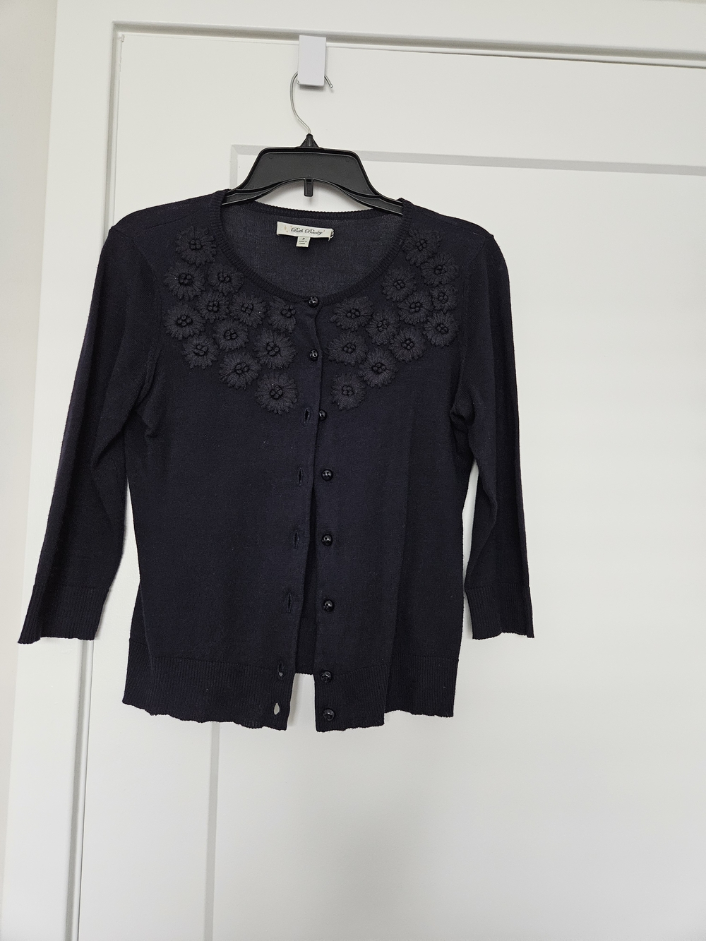 Beth Bowley Navy Floral-Appliqué Knit Cardigan